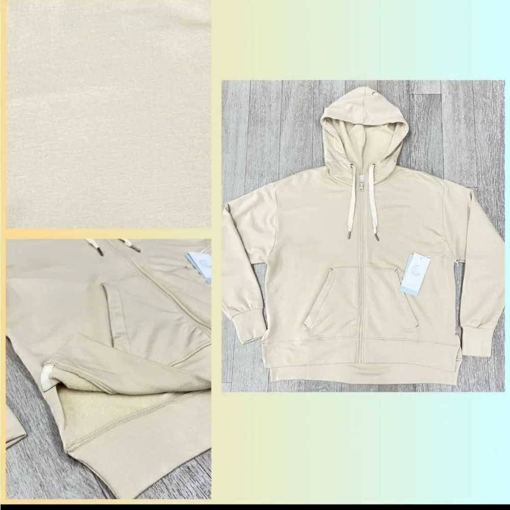 NWT Calme By Johnny Was Zip Hoodie W/Side Slits In BEIGE